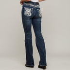 Skull Rider Women’s Bootcut Motorcycle Bling Jeans. High Waisted Embroidered Western Denim