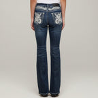 Skull Rider Women’s Bootcut Motorcycle Bling Jeans. High Waisted Embroidered Western Denim