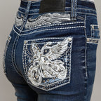 Skull Rider Women’s Bootcut Motorcycle Bling Jeans. High Waisted Embroidered Western Denim