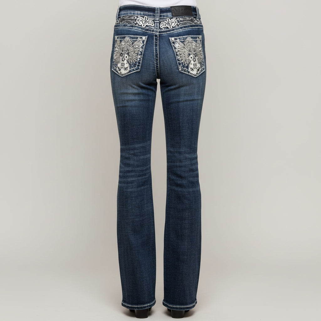 Skull Rider Women’s Music Note & Electric Guitar Bling Jeans. High Waisted Bootcut Western Denim