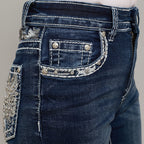 Skull Rider Women’s Music Note & Electric Guitar Bling Jeans. High Waisted Bootcut Western Denim