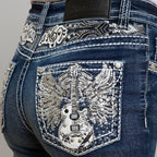 Skull Rider Women’s Music Note & Electric Guitar Bling Jeans. High Waisted Bootcut Western Denim
