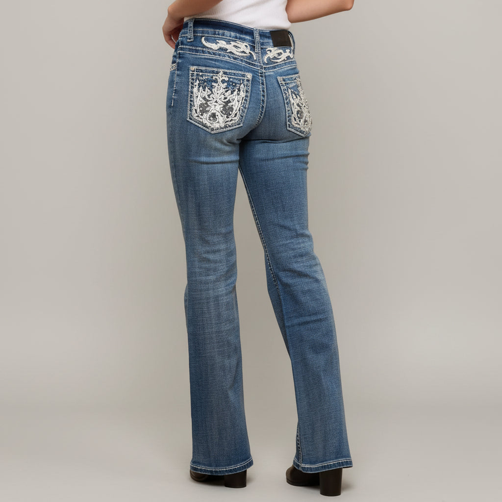 Skull Rider Women's Bootcut Bling Jeans. High Waisted Embroidered Western Denim