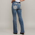 Skull Rider Women's Bootcut Bling Jeans. High Waisted Embroidered Western Denim