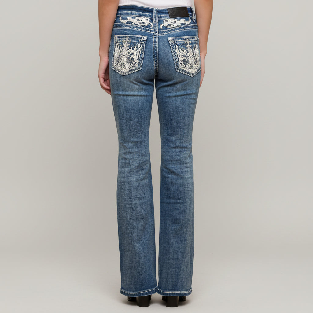 Skull Rider Women's Bootcut Bling Jeans. High Waisted Embroidered Western Denim