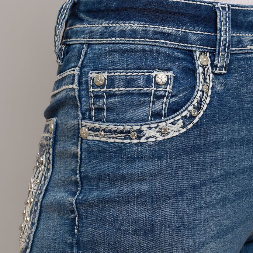 Skull Rider Women's Bootcut Bling Jeans. High Waisted Embroidered Western Denim