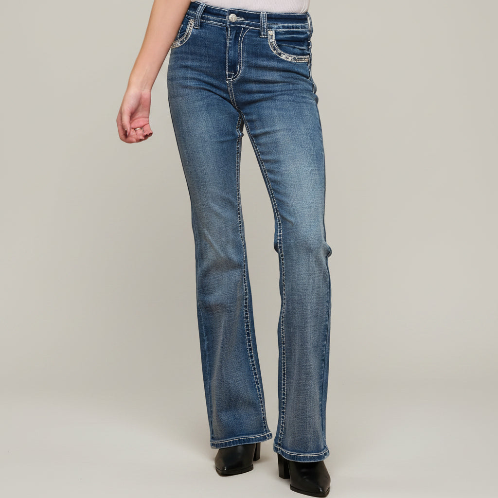 Skull Rider Women's Bootcut Bling Jeans. High Waisted Embroidered Western Denim