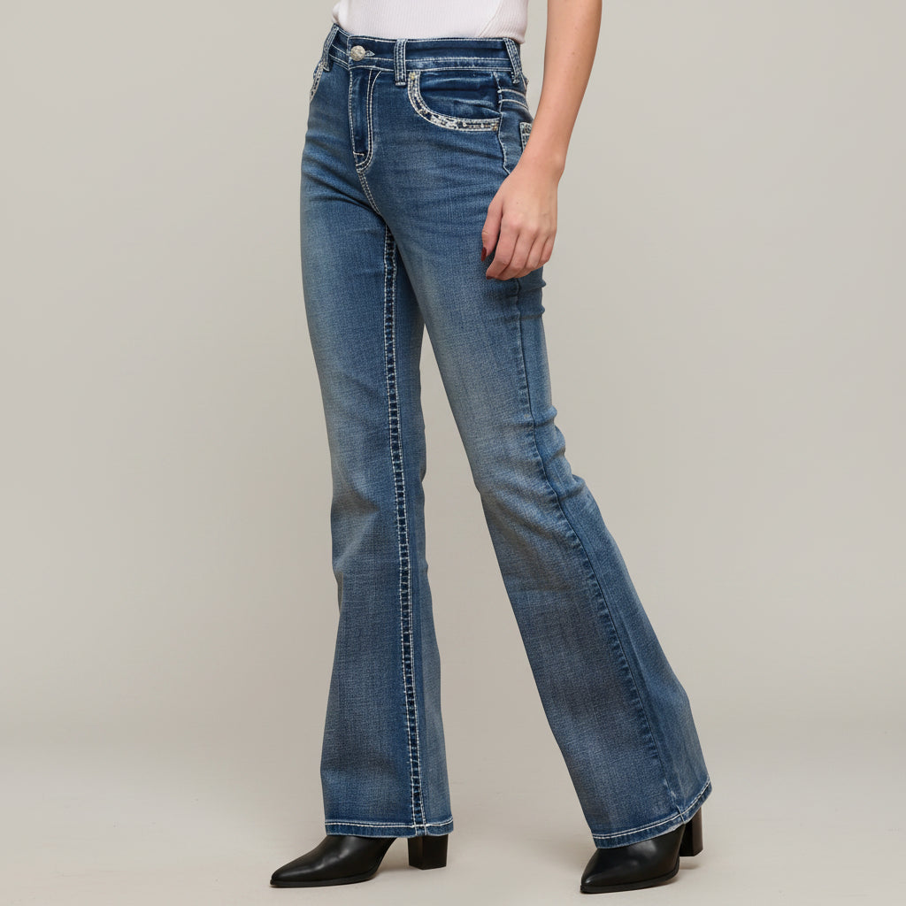 Skull Rider Women's Bootcut Bling Jeans. High Waisted Embroidered Western Denim