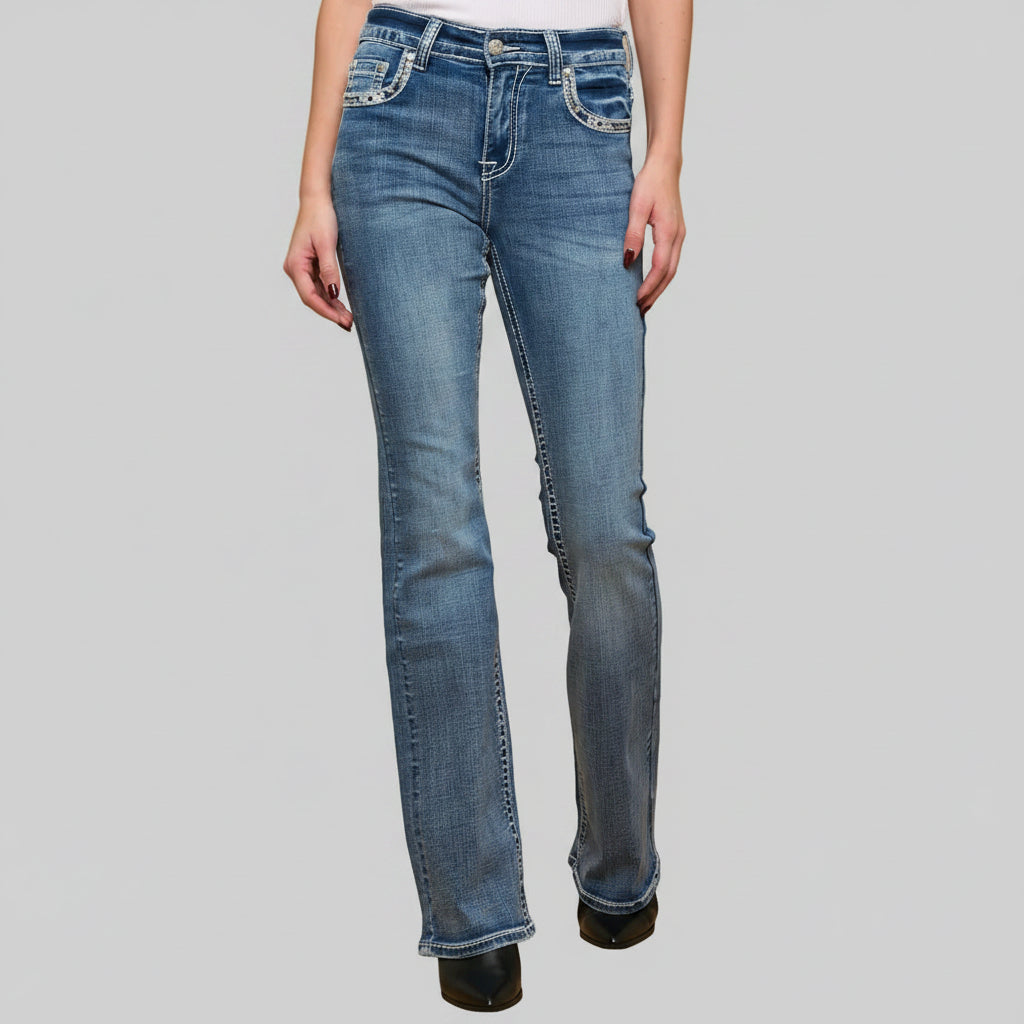 Skull Rider Women’s Skull & Rose Embroidered Bling Jeans. High Waisted Bootcut