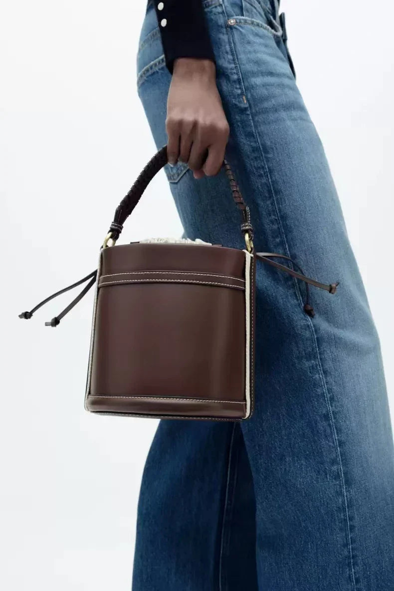 Lou | Brown Vegan Leather Bucket Bag with Drawstring Closure