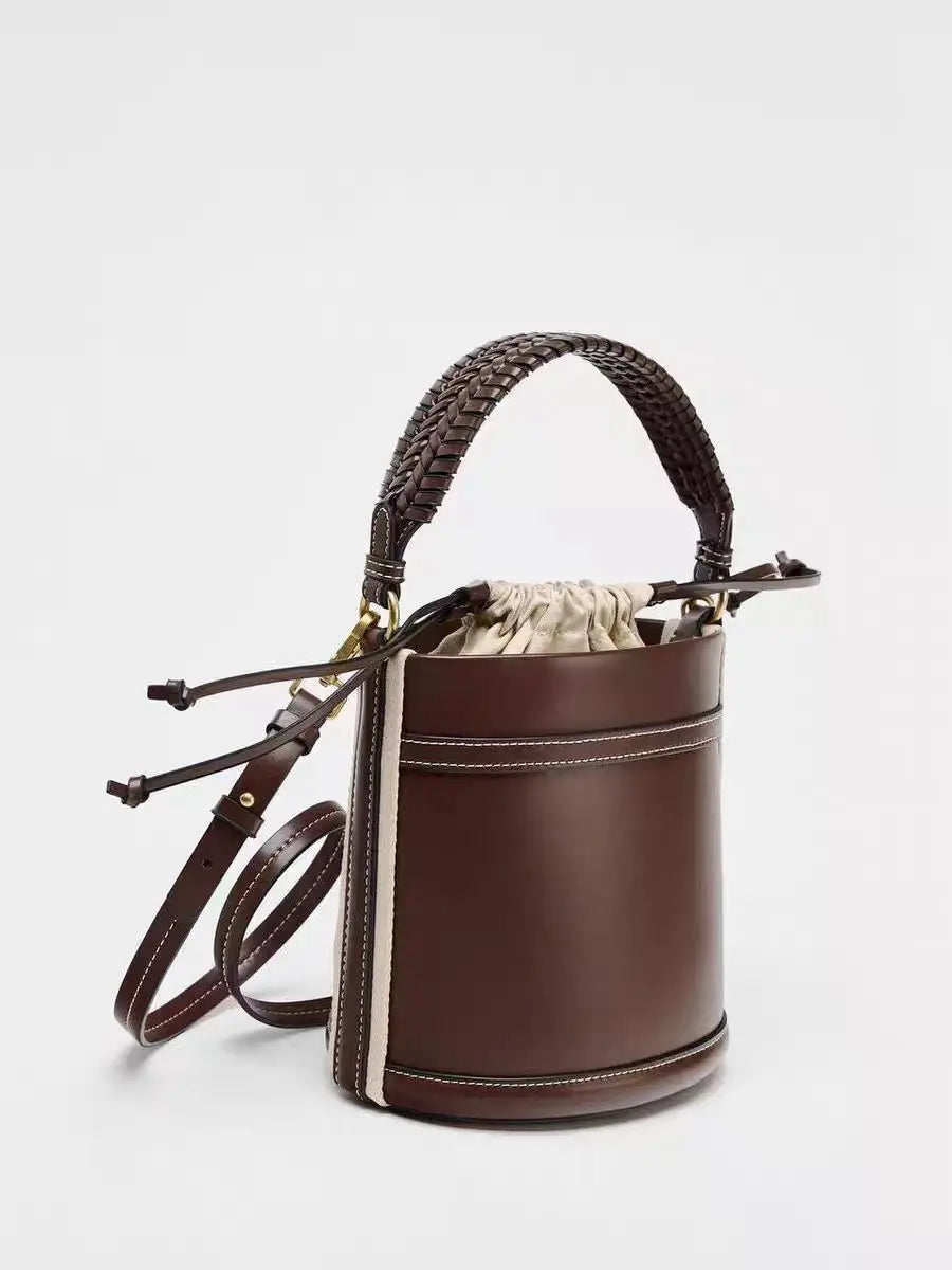 Lou | Brown Vegan Leather Bucket Bag with Drawstring Closure