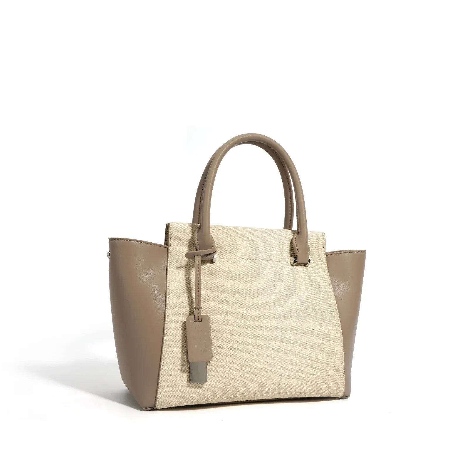 Beige Canvas Tote Bag with Genuine Leather – Women's Structured Handbag with Magnetic Closure