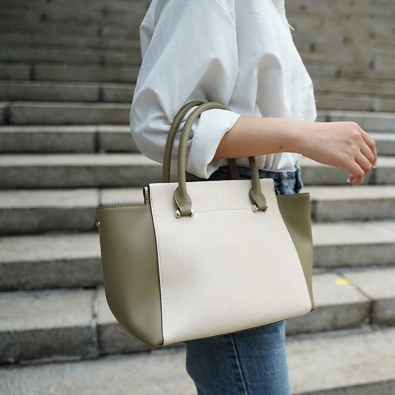 Beige Canvas Tote Bag with Genuine Leather – Women's Structured Handbag with Magnetic Closure