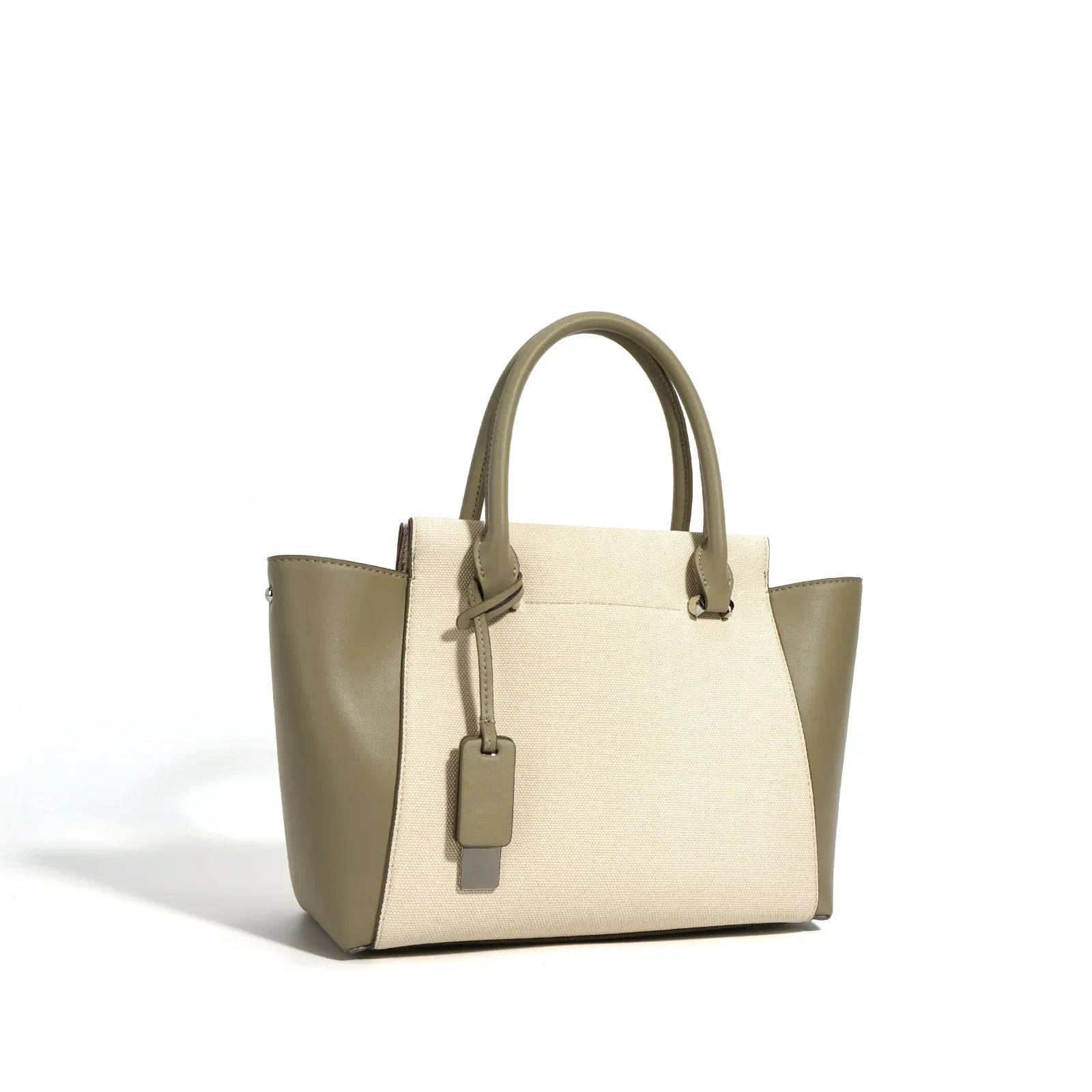 Beige Canvas Tote Bag with Genuine Leather – Women's Structured Handbag with Magnetic Closure