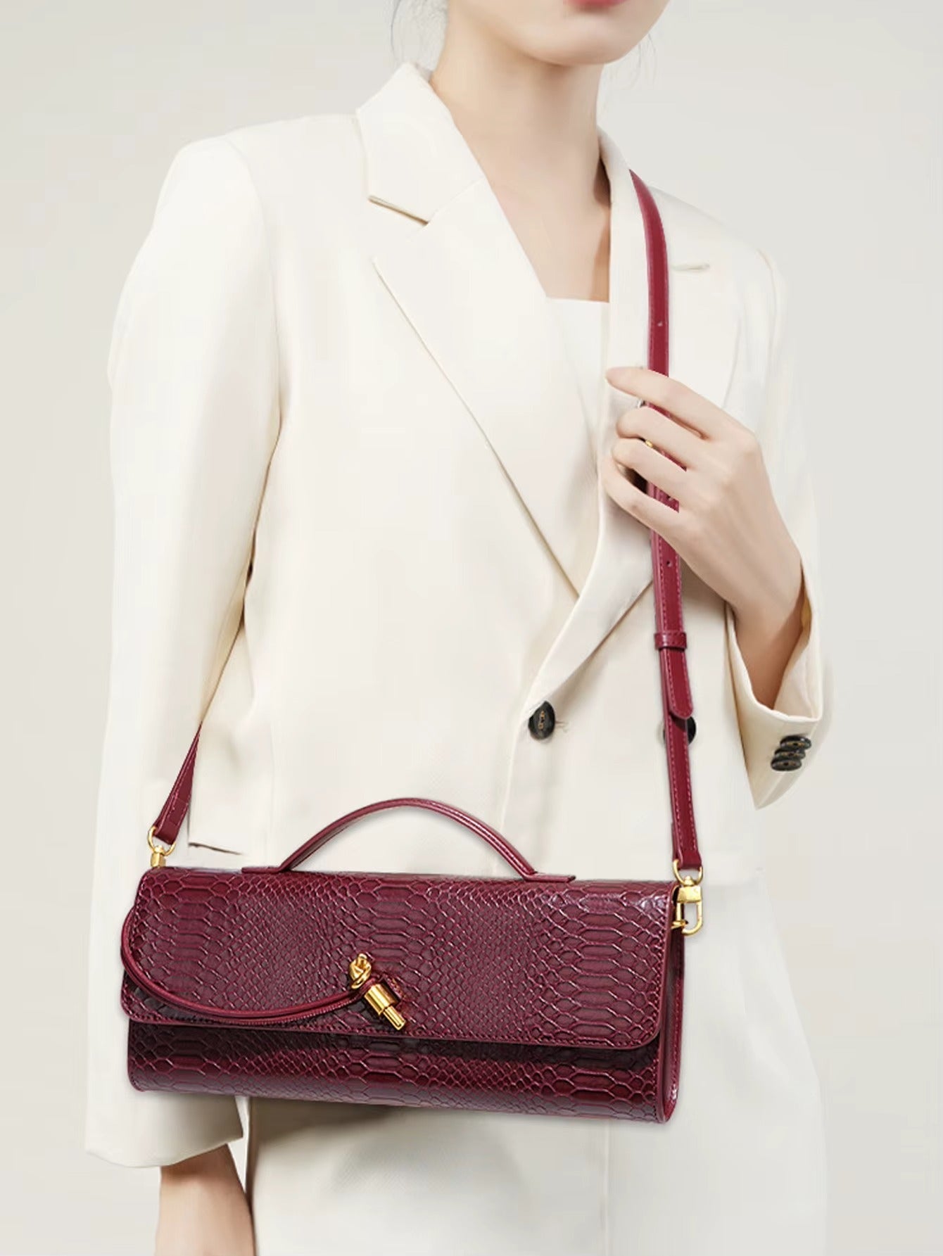 Mira | Snake-Embossed Vegan Leather Clutch – Top Handle & Gold Twist Lock