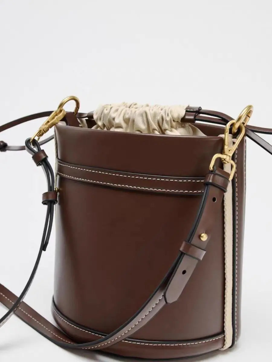 Lou | Brown Vegan Leather Bucket Bag with Drawstring Closure