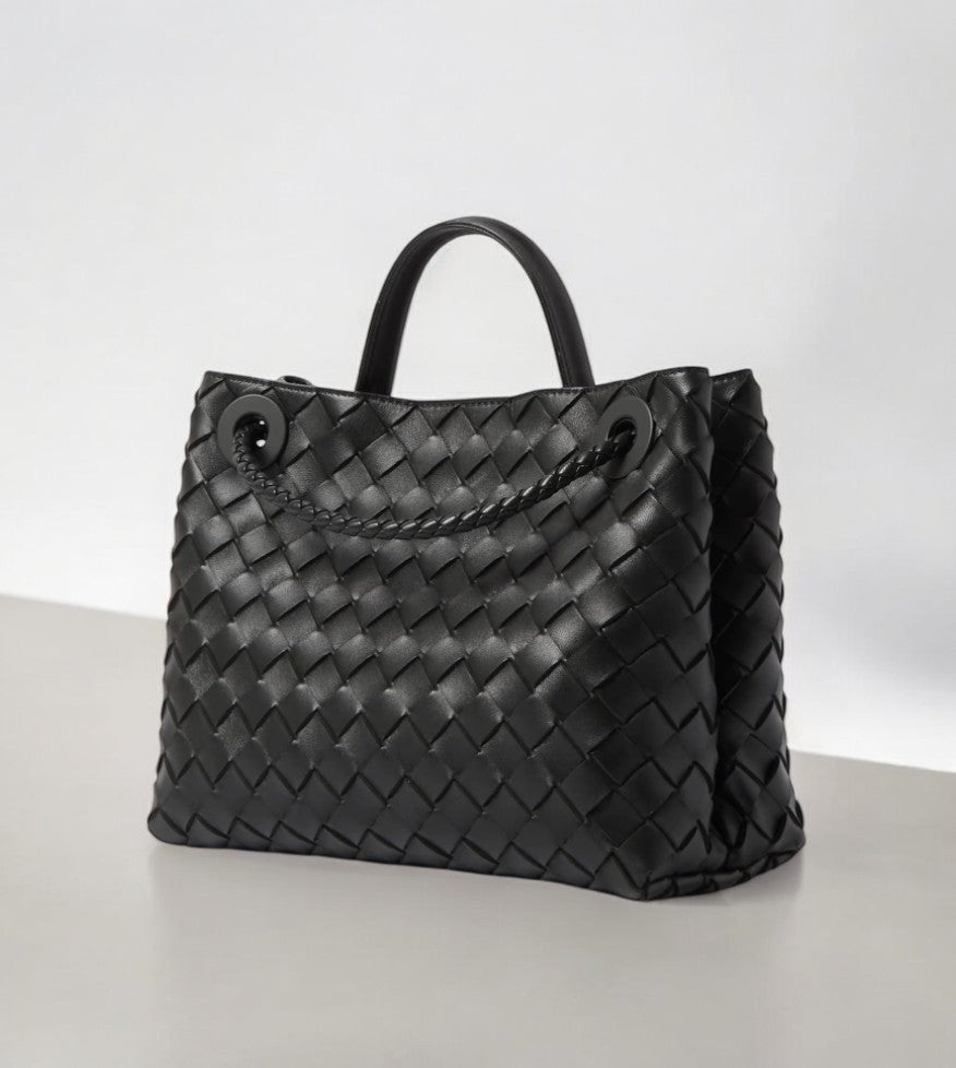 Alyn | Black Woven Mini Leather Tote Bag – Effortless Elegance & Timeless Appeal