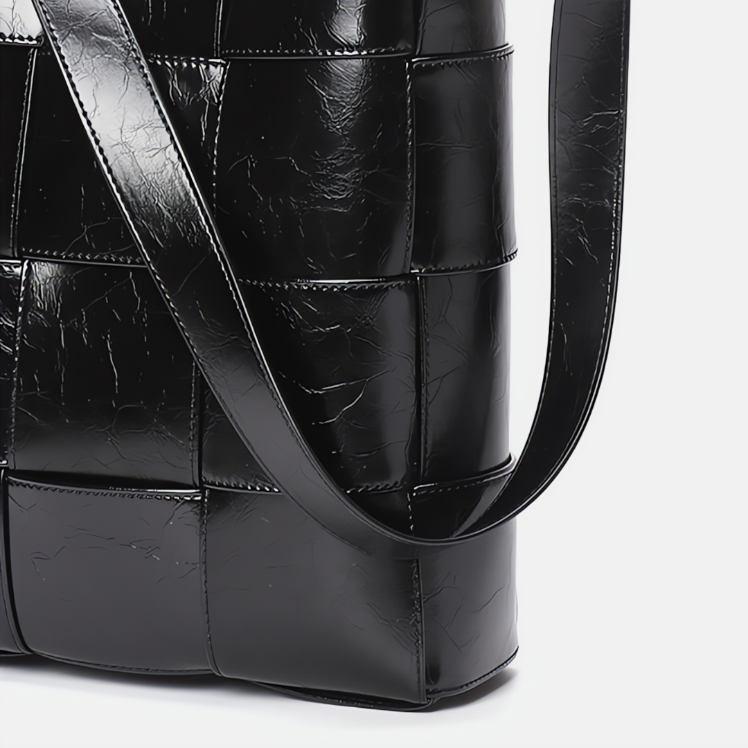 Natalie Glossy Woven Shoulder Bag – Structured Designer Bucket Tote for Women
