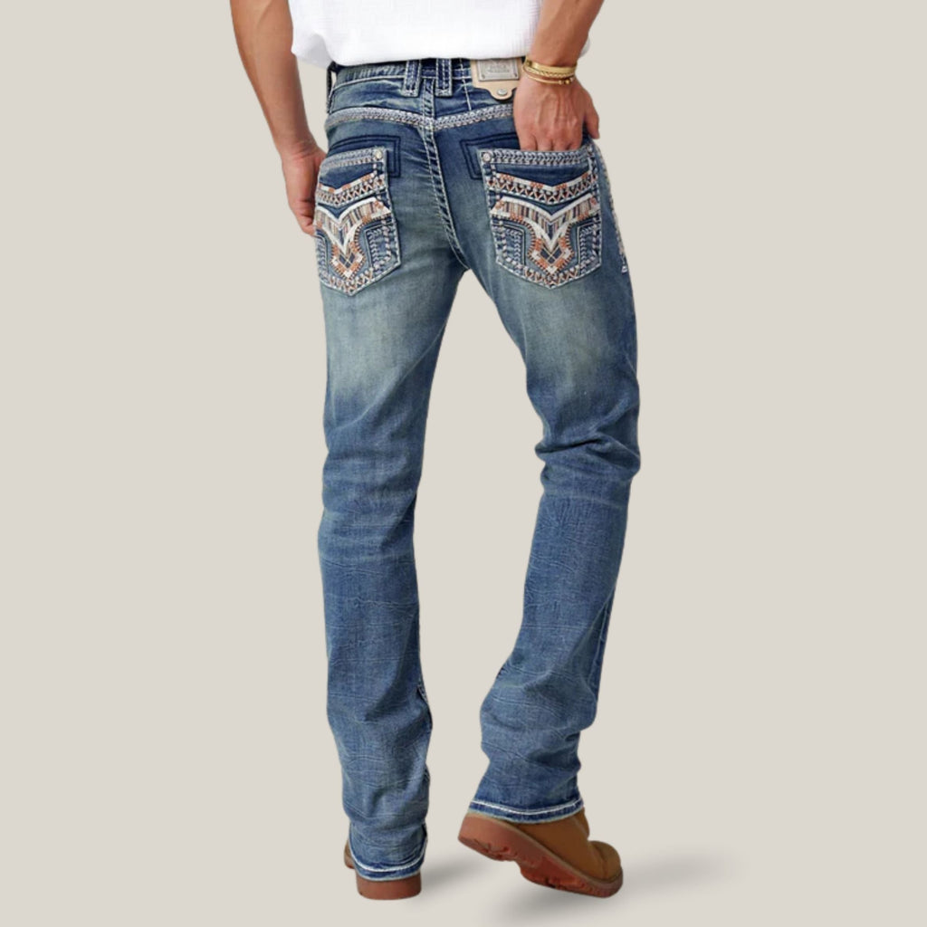 Eagle Warrior Men’s Premium Bootcut Jeans. Tribal Embroidered 7-Pocket Stretch Denim