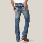 Eagle Warrior Men’s Premium Bootcut Jeans. Tribal Embroidered 7-Pocket Stretch Denim