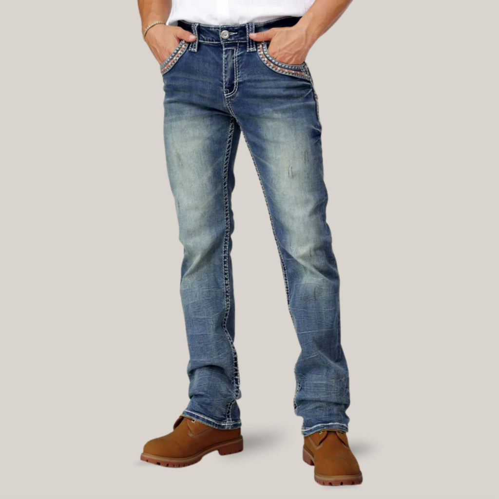 Eagle Warrior Men’s Premium Bootcut Jeans. Tribal Embroidered 7-Pocket Stretch Denim