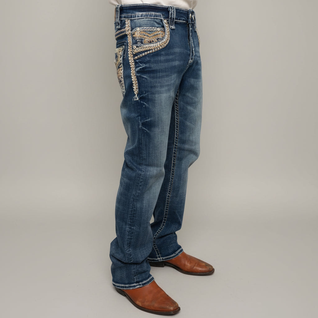 Eagle Warrior Men’s Premium Bootcut Jeans. Tribal Embroidered 7-Pocket Stretch Denim