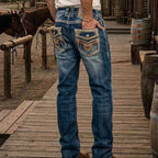 Eagle Warrior Men’s Premium Bootcut Jeans. Tribal Embroidered 7-Pocket Stretch Denim