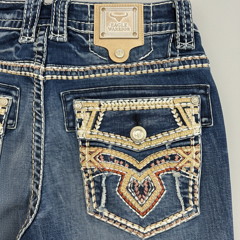 Eagle Warrior Men’s Premium Bootcut Jeans. Tribal Embroidered 7-Pocket Stretch Denim