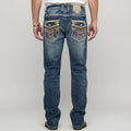 Eagle Warrior Men’s Premium Bootcut Jeans. Tribal Embroidered 7-Pocket Stretch Denim