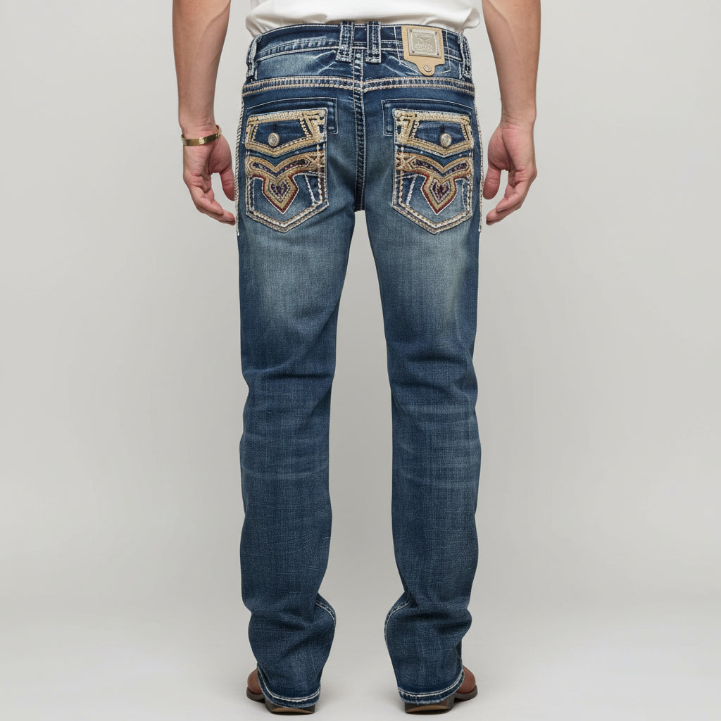 Eagle Warrior Men’s Premium Bootcut Jeans. Tribal Embroidered 7-Pocket Stretch Denim