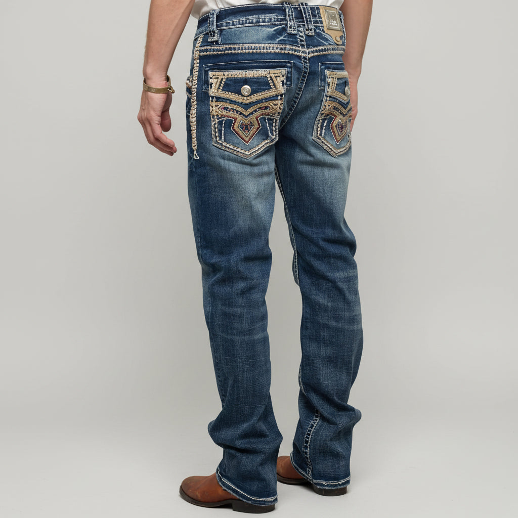 Eagle Warrior Men’s Premium Bootcut Jeans. Tribal Embroidered 7-Pocket Stretch Denim