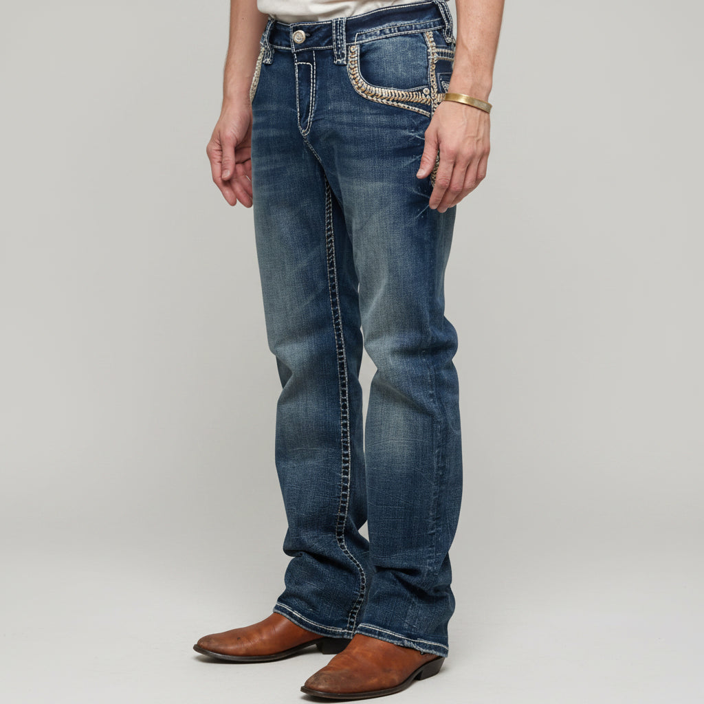 Eagle Warrior Men’s Premium Bootcut Jeans. Tribal Embroidered 7-Pocket Stretch Denim