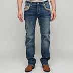 Eagle Warrior Men’s Premium Bootcut Jeans. Tribal Embroidered 7-Pocket Stretch Denim