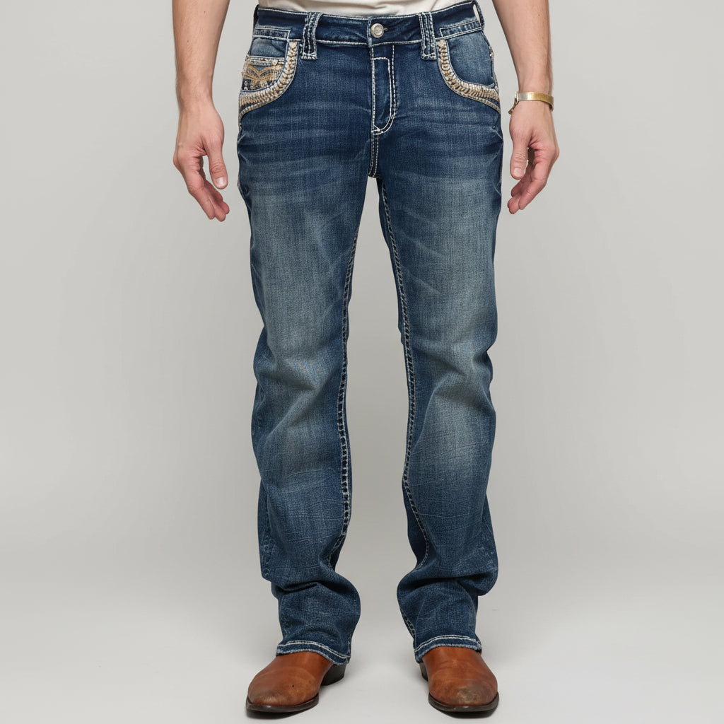 Eagle Warrior Men’s Premium Bootcut Jeans. Tribal Embroidered 7-Pocket Stretch Denim