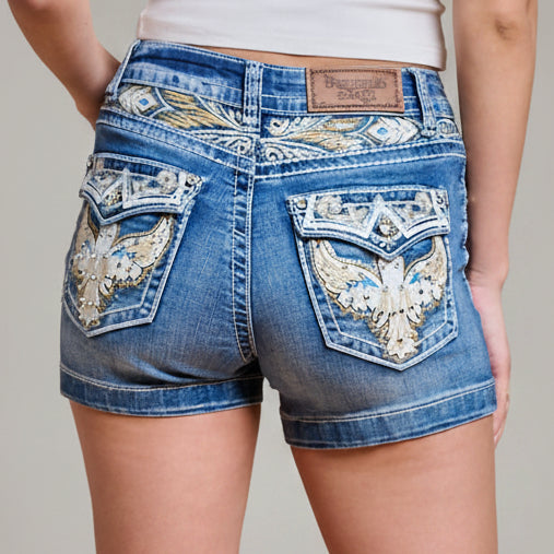 Westfield Eagle Women’s Embroidered Denim Shorts. High Waisted Eagle Wing Bling