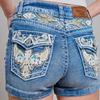 Westfield Eagle Women’s Embroidered Denim Shorts. High Waisted Eagle Wing Bling