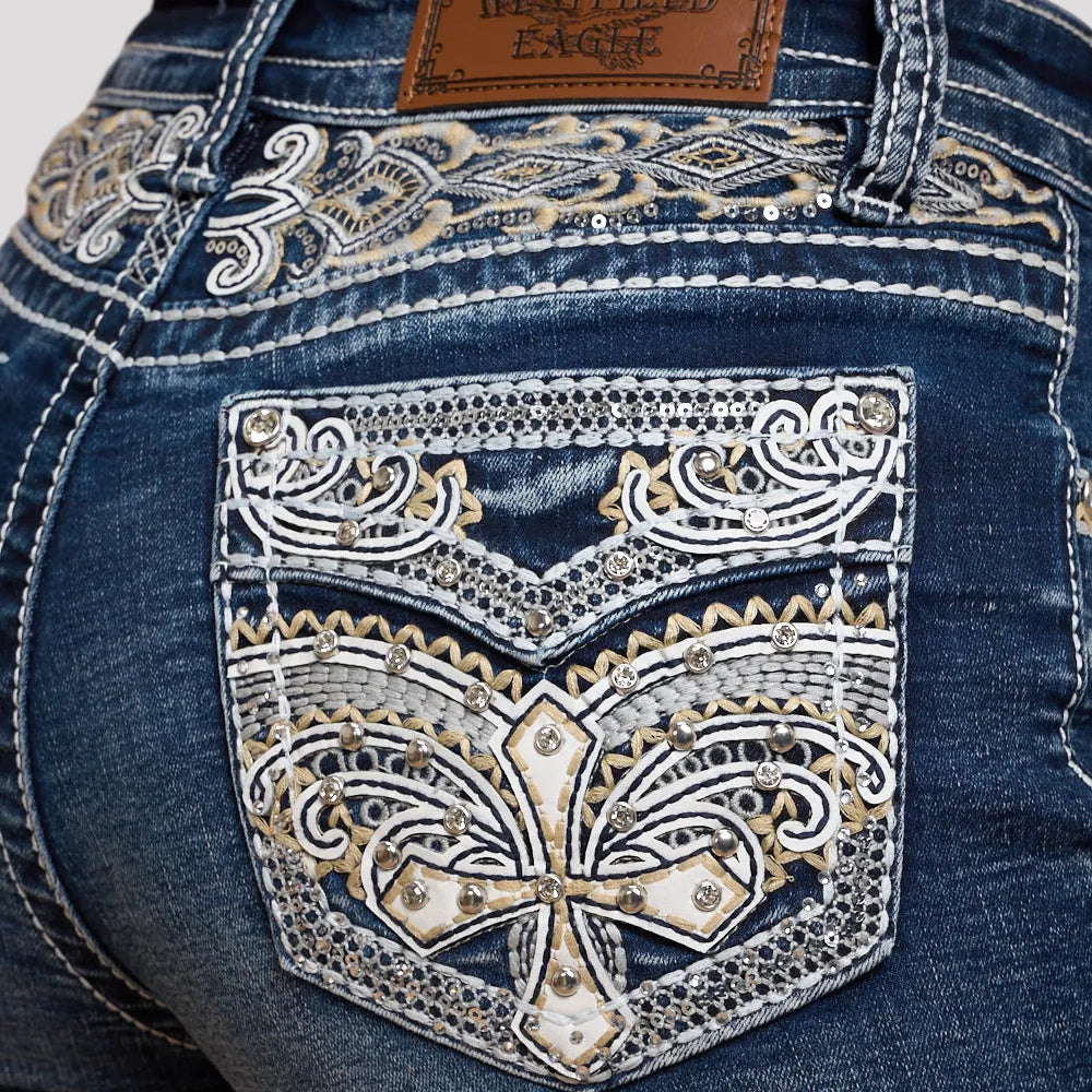 Westfield Eagle Women’s Embroidered Denim Shorts. High Waisted Cross Design Bling