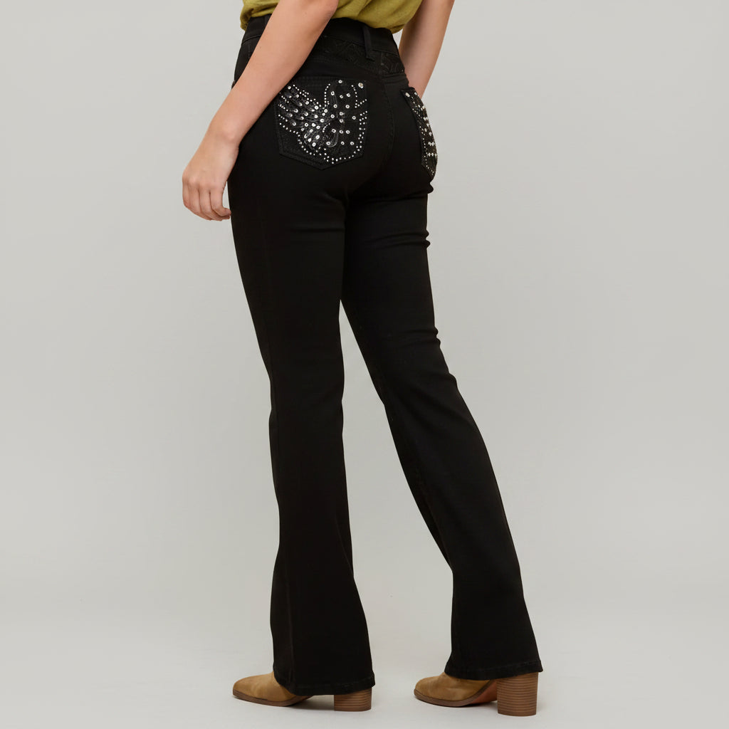 Westfield Eagle Women’s Black Bootcut Bling Jeans. High Waisted Embroidered Western Denim