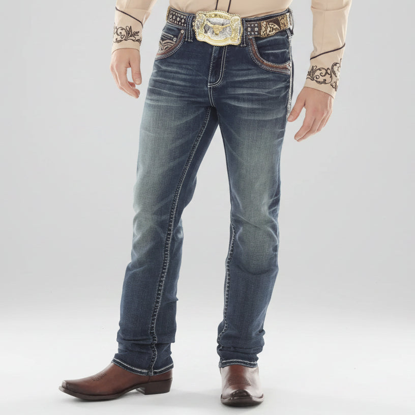 Eagle Warrior Men’s Premium Bootcut Jeans. Tribal Embroidered 7-Pocket Stretch Denim