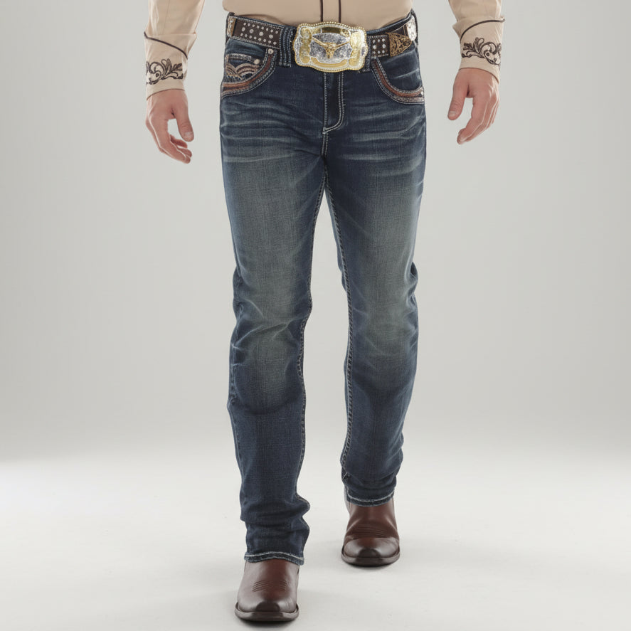 Eagle Warrior Men’s Premium Bootcut Jeans. Tribal Embroidered 7-Pocket Stretch Denim