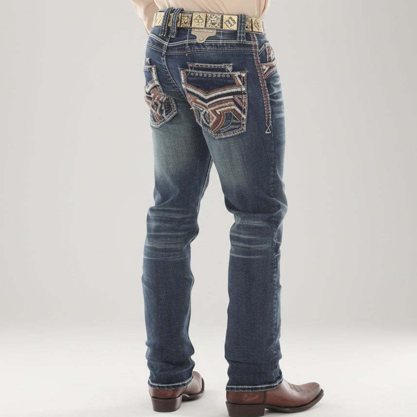 Eagle Warrior Men’s Premium Bootcut Jeans. Tribal Embroidered 7-Pocket Stretch Denim