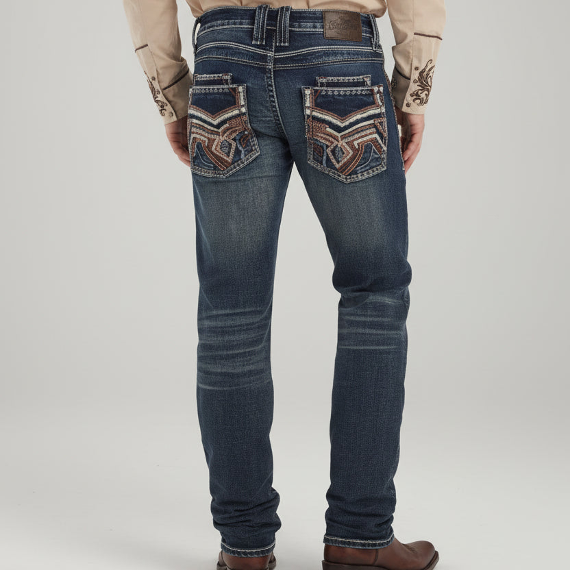 Eagle Warrior Men’s Premium Bootcut Jeans. Tribal Embroidered 7-Pocket Stretch Denim