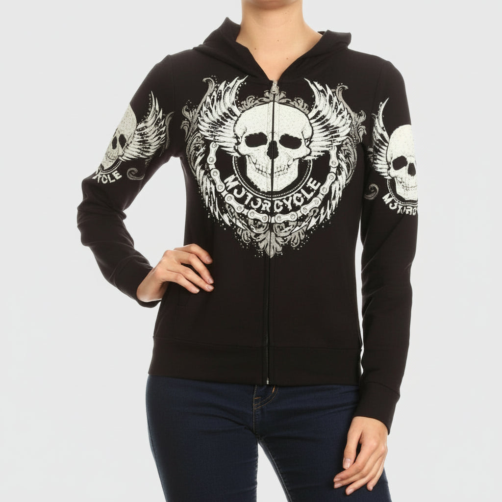 Women's Motorcycle Zip Up Hoodie with Rhinestone Skull & Wings