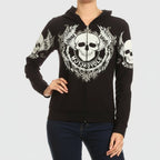 Women's Motorcycle Zip Up Hoodie with Rhinestone Skull & Wings