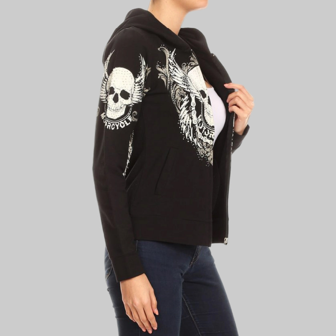 Women's Motorcycle Zip Up Hoodie with Rhinestone Skull & Wings