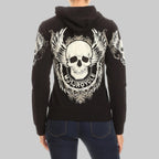 Women's Motorcycle Zip Up Hoodie with Rhinestone Skull & Wings