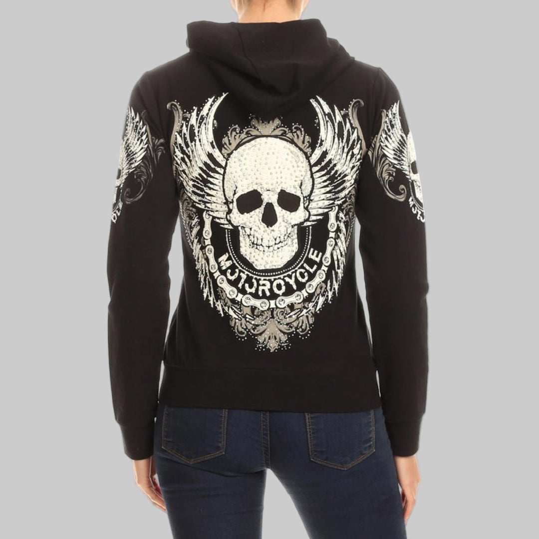 Women's Motorcycle Zip Up Hoodie with Rhinestone Skull & Wings