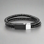 Men's Black Leather & Stainless Steel Wire Braided Bracelet