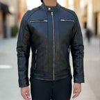 Men’s Sheep Leather Jacket. 4-Pocket, Stand Snap Collar & Silver Zippers