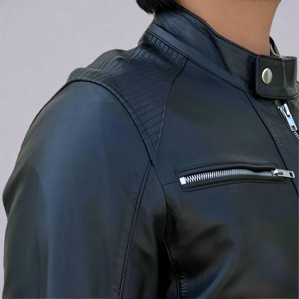 Men’s Sheep Leather Jacket. 4-Pocket, Stand Snap Collar & Silver Zippers